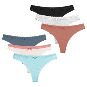 Pack of 5 Womens Ribbed Cotton Lace Thong Panty